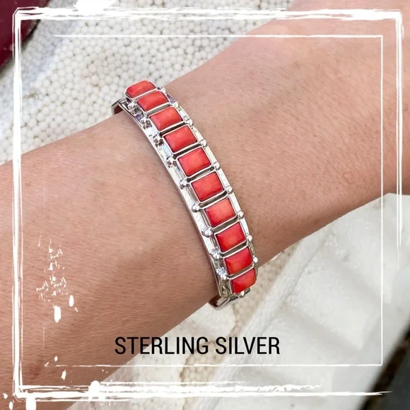 Red Coral Row Sterling Silver Cuff Bracelet - Picture 5 of 11